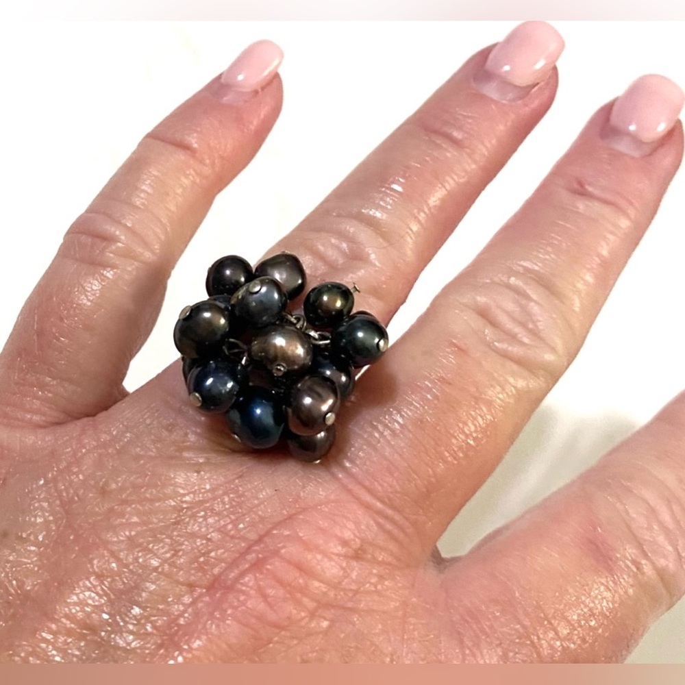 Vintage Adjustable Navy Pearl Beaded Cluster Ring Boho Y2K Eclectic Festival